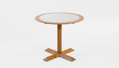 reddie-raw round 60dia x 75H *cm / Laminate with Solid Reclaimed Teak Wood Edge~Marshmallow White / Solid Reclaimed Teak Wood~Oak Andi Pedestal Table Wood
