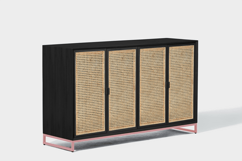 reddie-raw storage cupboard 150W x 45D x 90H *cm / Wood Teak~Black / Metal~Pink NCW Rattan Buffet Storage Unit