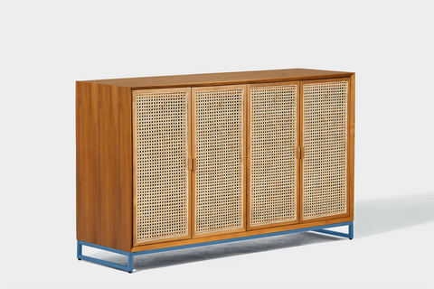 reddie-raw storage cupboard 150W x 45D x 90H *cm / Wood Teak~Natural / Metal~Blue NCW Rattan Buffet Storage Unit