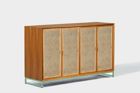 reddie-raw storage cupboard 150W x 45D x 90H *cm / Wood Teak~Natural / Metal~Mint NCW Rattan Buffet Storage Unit