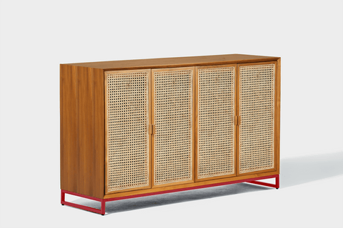 reddie-raw storage cupboard 150W x 45D x 90H *cm / Wood Teak~Natural / Metal~Red NCW Rattan Buffet Storage Unit