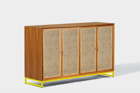reddie-raw storage cupboard 150W x 45D x 90H *cm / Wood Teak~Natural / Metal~Yellow NCW Rattan Buffet Storage Unit