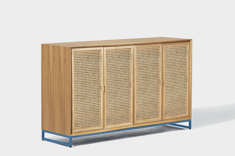 reddie-raw storage cupboard 150W x 45D x 90H *cm / Wood Teak~Oak / Metal~Blue NCW Rattan Buffet Storage Unit
