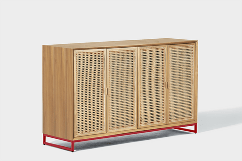 reddie-raw storage cupboard 150W x 45D x 90H *cm / Wood Teak~Oak / Metal~Red NCW Rattan Buffet Storage Unit